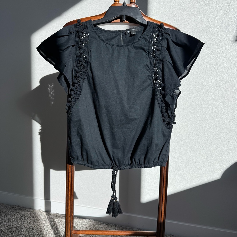 INC International Concepts Black Cotton Boho M Blouse Crochet Lace Witchy Resort